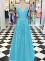 A-Line/Princess V-neck Floor-Length Tulle Prom Dresses With Appliques Lace
