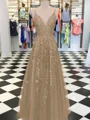 A-Line/Princess V-neck Floor-Length Tulle Prom Dresses With Appliques Lace