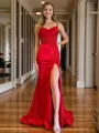 Sheath Spaghetti Straps Appliques Lace Sweep Train Silk Like Satin Corset Dress