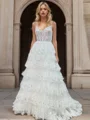 A-line V-neck Appliques Lace Sweep Train Tulle Corset Dress