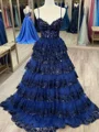 A-line V-neck Appliques Lace Sweep Train Tulle Corset Dress