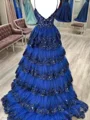 A-line V-neck Appliques Lace Sweep Train Tulle Corset Dress