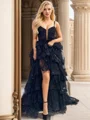 A-line Spaghetti Straps Appliques Lace Sweep Train Tulle Dress