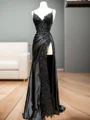 Sheath V-neck Appliques Lace Sweep Train Silk Like Satin Dress
