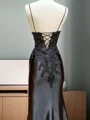 Sheath V-neck Appliques Lace Sweep Train Silk Like Satin Dress