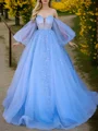 Ball Gown Sweetheart Long Sleeves Appliques Lace Sweep Train Tulle Corset Dress