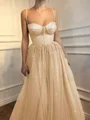 A-Line/Princess Spaghetti Straps Floor-Length Tulle Prom Dresses With Beading