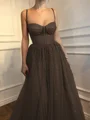 A-Line/Princess Spaghetti Straps Floor-Length Tulle Prom Dresses With Beading