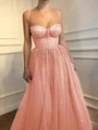 A-Line/Princess Spaghetti Straps Floor-Length Tulle Prom Dresses With Beading