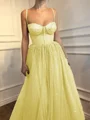 A-Line/Princess Spaghetti Straps Floor-Length Tulle Prom Dresses With Beading
