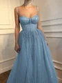 A-Line/Princess Spaghetti Straps Floor-Length Tulle Prom Dresses With Beading