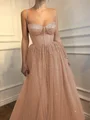 A-Line/Princess Spaghetti Straps Floor-Length Tulle Prom Dresses With Beading