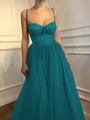 A-Line/Princess Spaghetti Straps Floor-Length Tulle Prom Dresses With Beading