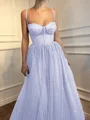 A-Line/Princess Spaghetti Straps Floor-Length Tulle Prom Dresses With Beading