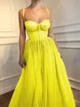 A-Line/Princess Spaghetti Straps Floor-Length Tulle Prom Dresses With Beading