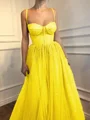 A-Line/Princess Spaghetti Straps Floor-Length Tulle Prom Dresses With Beading