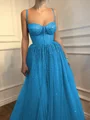 A-Line/Princess Spaghetti Straps Floor-Length Tulle Prom Dresses With Beading