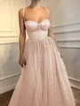 A-Line/Princess Spaghetti Straps Floor-Length Tulle Prom Dresses With Beading