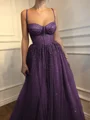 A-Line/Princess Spaghetti Straps Floor-Length Tulle Prom Dresses With Beading