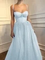 A-Line/Princess Spaghetti Straps Floor-Length Tulle Prom Dresses With Beading