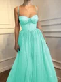 A-Line/Princess Spaghetti Straps Floor-Length Tulle Prom Dresses With Beading