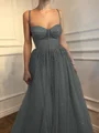 A-Line/Princess Spaghetti Straps Floor-Length Tulle Prom Dresses With Beading