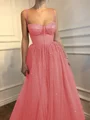 A-Line/Princess Spaghetti Straps Floor-Length Tulle Prom Dresses With Beading