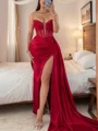 Sheath Sweetheart Pleated Sweep Train Silk Like Satin Corset Dress