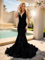 Mermaid V-neck Sequin Sweep Train Velvet Sequins Dress