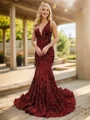 Mermaid V-neck Sequin Sweep Train Velvet Sequins Dress