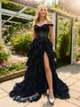 A-line Off-the-Shoulder Appliques Lace Sweep Train Tulle Corset Dress