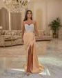 Sheath Spaghetti Straps Appliques Lace Sweep Train Satin Dress
