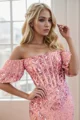 Sheath Off-the-Shoulder Short Sleeves Beading Sweep Train Corset Dress