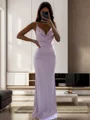 Sheath/Column Silk like Satin Ruched V-neck Sleeveless Floor-Length Dresses