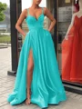 A-Line/Princess Straps Sweep Train Satin Prom Dresses With Leg Slit