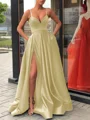 A-Line/Princess Straps Sweep Train Satin Prom Dresses With Leg Slit