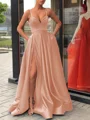 A-Line/Princess Straps Sweep Train Satin Prom Dresses With Leg Slit