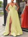 A-Line/Princess Straps Sweep Train Satin Prom Dresses With Leg Slit
