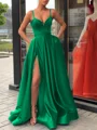 A-Line/Princess Straps Sweep Train Satin Prom Dresses With Leg Slit