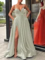 A-Line/Princess Straps Sweep Train Satin Prom Dresses With Leg Slit