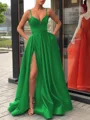 A-Line/Princess Straps Sweep Train Satin Prom Dresses With Leg Slit
