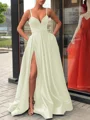 A-Line/Princess Straps Sweep Train Satin Prom Dresses With Leg Slit