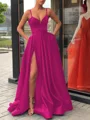 A-Line/Princess Straps Sweep Train Satin Prom Dresses With Leg Slit