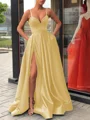 A-Line/Princess Straps Sweep Train Satin Prom Dresses With Leg Slit