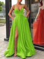 A-Line/Princess Straps Sweep Train Satin Prom Dresses With Leg Slit