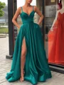 A-Line/Princess Straps Sweep Train Satin Prom Dresses With Leg Slit