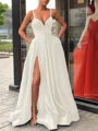 A-Line/Princess Straps Sweep Train Satin Prom Dresses With Leg Slit