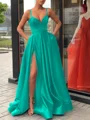 A-Line/Princess Straps Sweep Train Satin Prom Dresses With Leg Slit