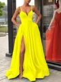 A-Line/Princess Straps Sweep Train Satin Prom Dresses With Leg Slit
