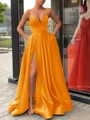 A-Line/Princess Straps Sweep Train Satin Prom Dresses With Leg Slit